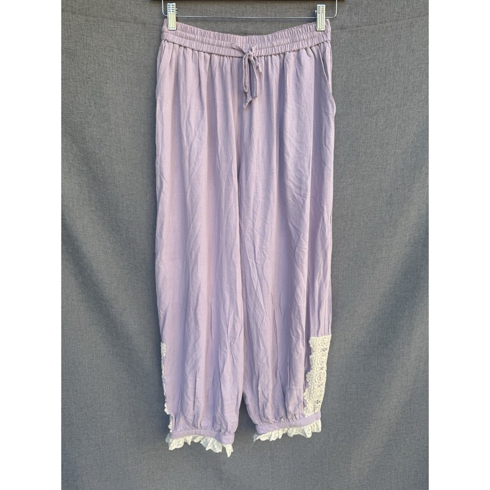 TARSE Linen Blend Wide Leg Pants Womens Small Lagenlook Boho Harem Embroidered